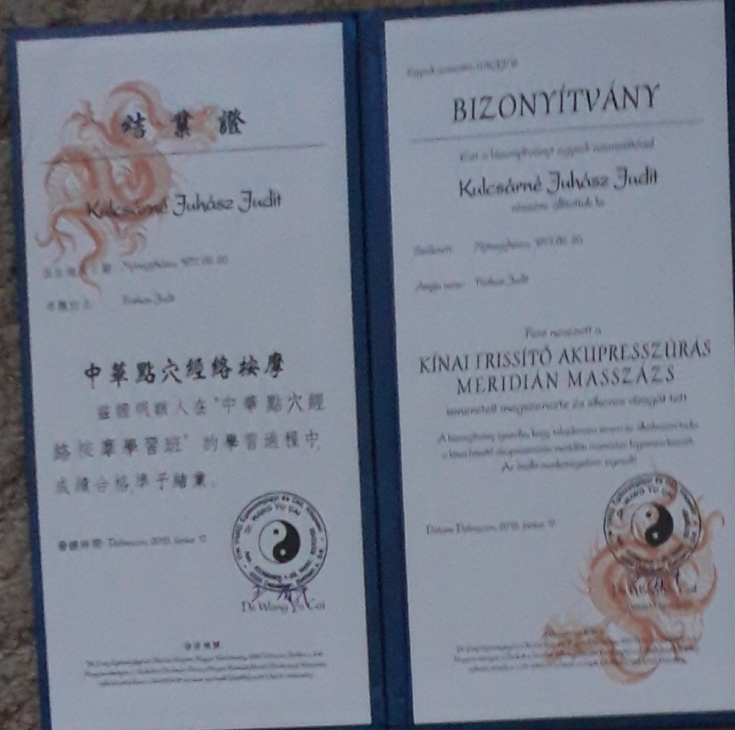 Oklevél - Kínai akupresszúrás meridián masszázs