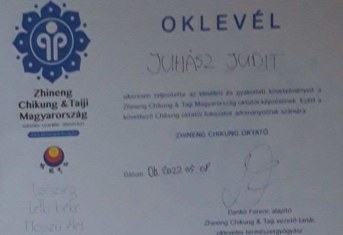 Oklevél - Zhineng Chikung oktatói