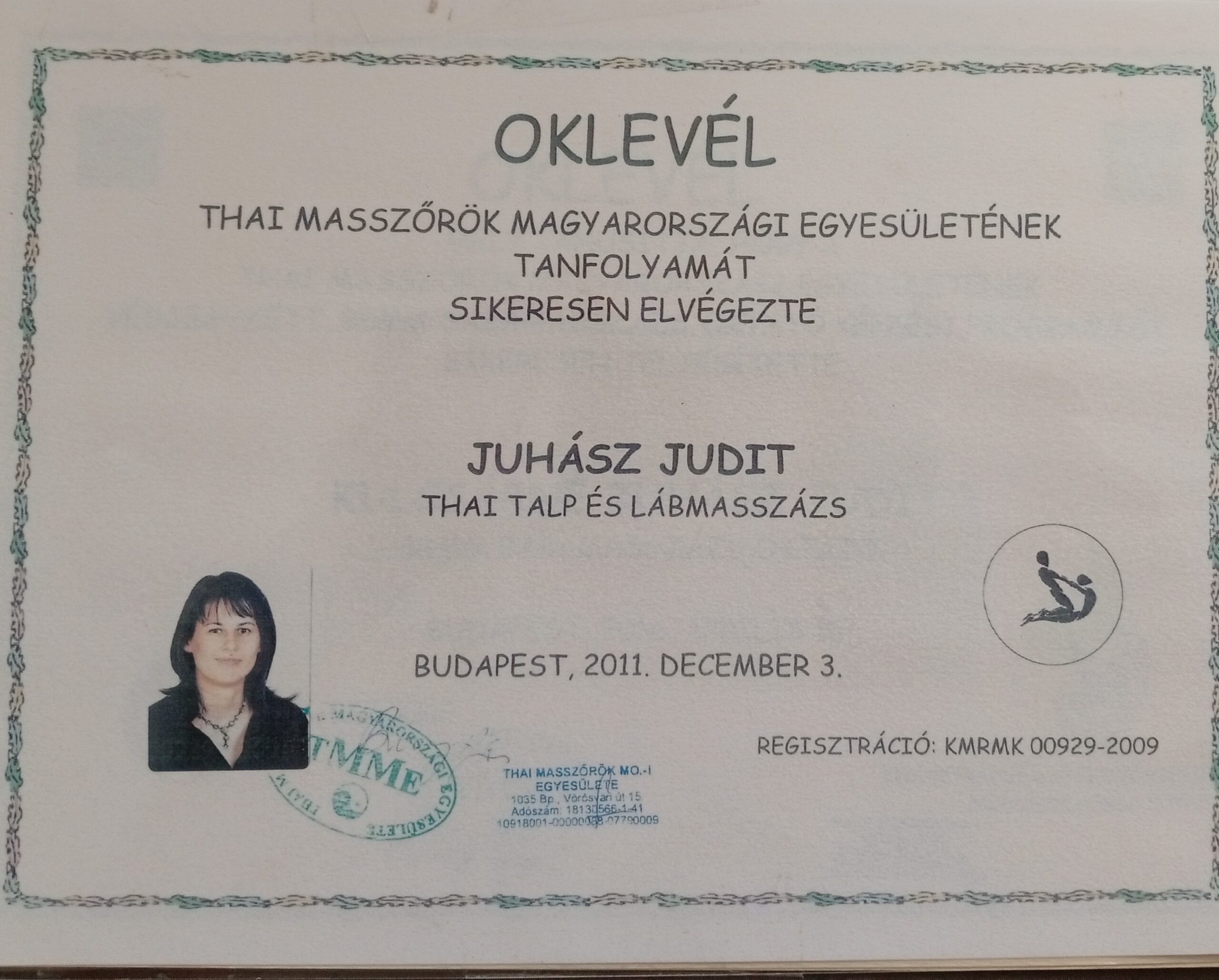 Thai masszázs oklevél